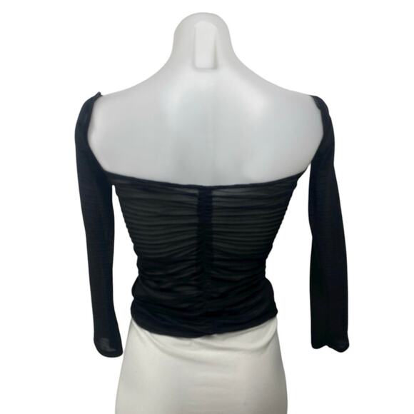 Zara Black Ruched Chiffon Sheer Square Neck Long Sleeve Crop Blouse Top Size S - Picture 2 of 4